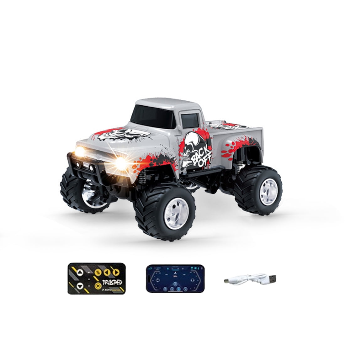 2.4G 1:64 Scale Mini Alloy Monster Truck with Mobile App Control, 3-Speed Off-Road RC Car with Shock Absorption & Trailer Hook, Desktop Remote Control Toy for Teens and Adults