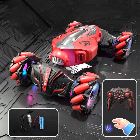 2.4G Gesture Watch & Hand Dual Control 4WD Twist RC Stunt Car, Double-Sided 360° Spin Off-Road Vehicle with Color LED Omni Wheels, USB Rechargeable All Terrain Toy Gift for Boys Girls Ages 4+