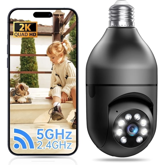 2.4G Light Bulb Security Camera, 1080P Bulb Security Camera Wireless Outdoor, Motion Detection, 911 Alarm Monitoring, US Local Cloud, Color Night Vision