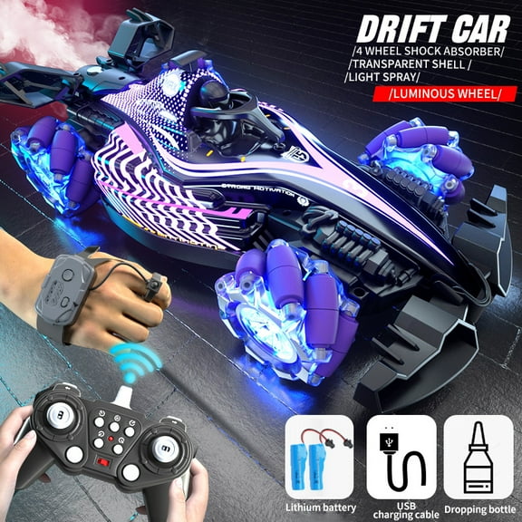 2.4G 1:18 RC Spray Drift Stunt Car,4WD Racing Car High Speed Vehicle,Dual Gesture Remote Control,4CH Lights Sound,Competitive Toys for Kids Boy Gift 2Battery