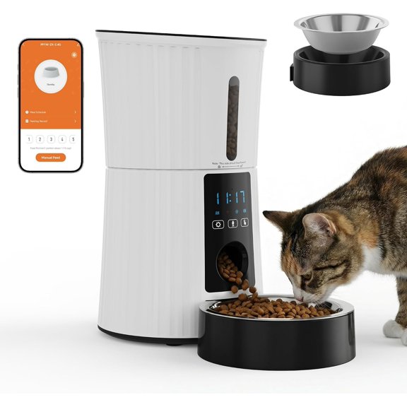 2.4G WiFi Automatic Feeder, 4L Timed Dispenser with APP Control, 10s Voice Recorder, Power , Indoor Programmable Feeder with Desiccant for Small Cats and Dogs, White