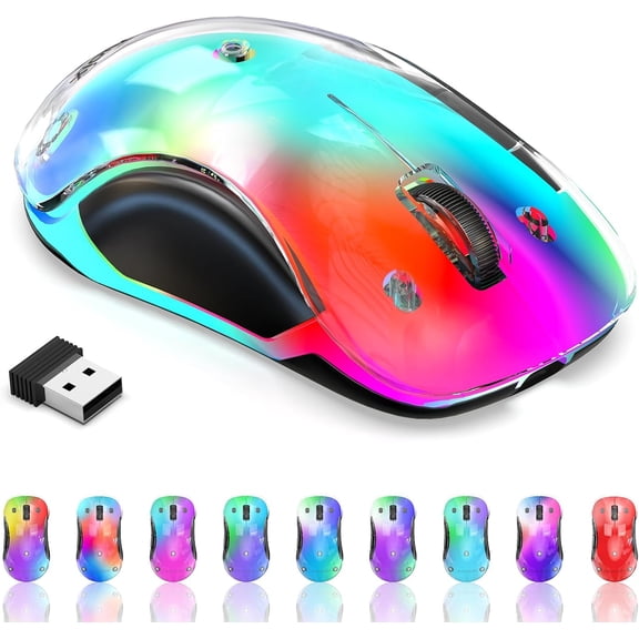 2.4G Wireess Mouse with Customizabe Cover & 9-Coor ED - Rechargeabe Ergonomic 1200 DPI 5 Buttons USB Receiver for PC/Mac - White