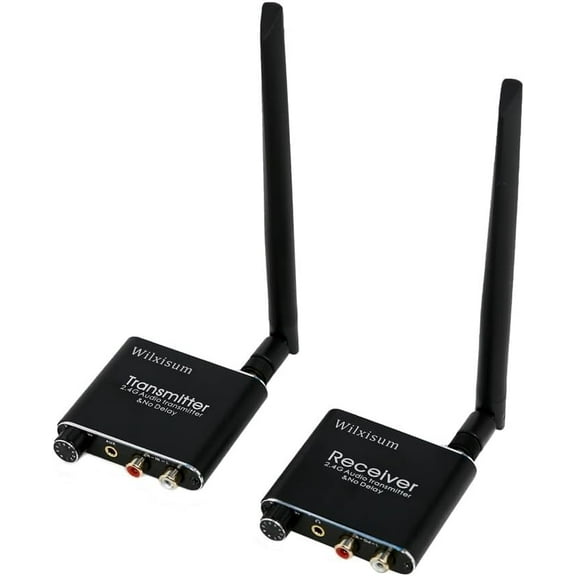 2.4G Wireless Audio Transmitter and Receiver, RCA/3.5mm Jack Input/Output with Volume Adjustment knob, 160ft Distance Low Latency Transmission Adapters