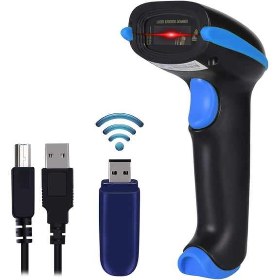 2.4G Wireless Barcode Scanner 1D Handheld Cordless Barcode Reader for Retail, Warehouse, Inventory 100ft Range, Plug & Play Compatible with Windows, Linux, POS (Blue)