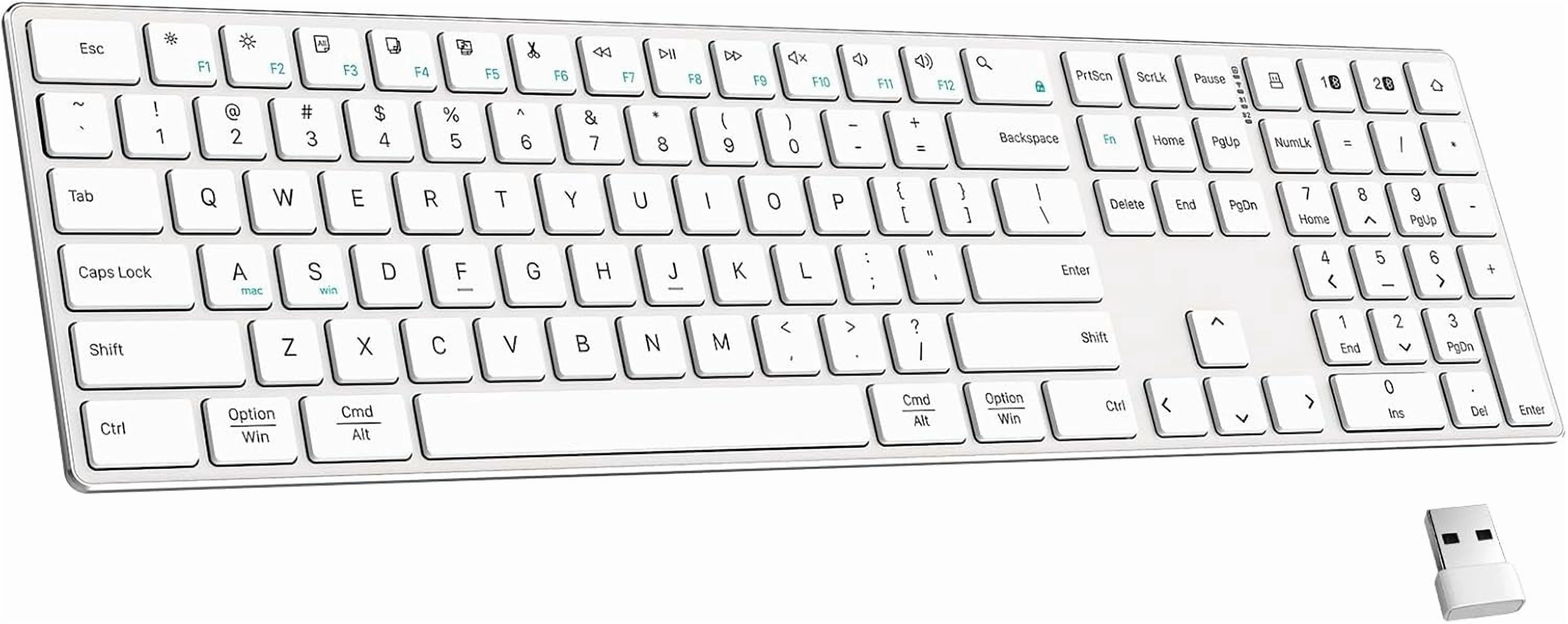 2.4G Wireless Bluetooth Keyboard Rechargeable, Stainless Steel Ultra Slim Full Size Keyboard with Numeric Keypad Low Profile Silent Cordless Keyboards for Computer/Mac/Windows