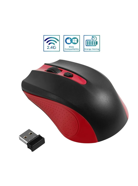 2.4G Wireless Computer Mouse Nano USB Receiver, Portable USB Cordless Optical Mice Ergonomic Mouse with 4 Button Keys Compatible with Laptop Tablet Mac MacBook Gaming, Red / Black