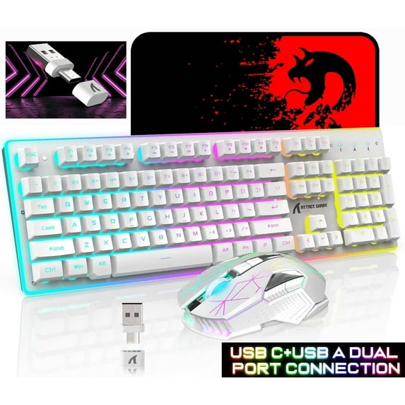 2.4G Wireless Gaming Keyboard and Mouse,Type C/USB Dual Receiver,RGB LED Backlit,Rechargeable 4200mAh,Full Size Mechanical Feel,Silent Mice,Mouse Pad for PC,Laptop,Smartphone,PS4,PS5,Xbox(White)