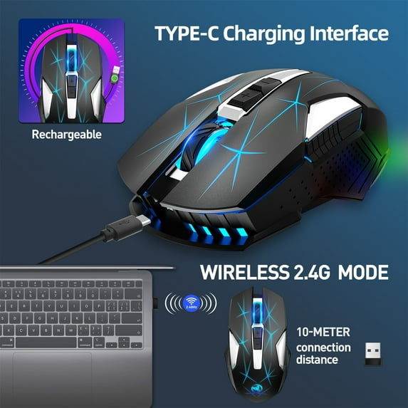2.4G Wireless Gaming Mouse 2400DPI Rechargeable, Staron High Precision 7-Button Ergonomic Mouse for PC Laptop, Portable USB-C RGB Mouse with Adjustable DPI Long Battery Life, Black