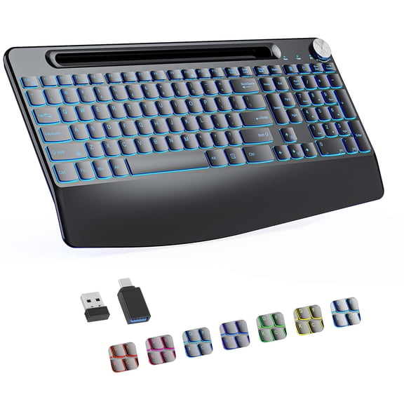 2.4G Wireless Keyboard | Built-in Tablet Holder, RGB Backlit, Wrist Rest, Volume Knob, USB-C Receiver, Supports Windows, Mac OS, Chrome OS, Android