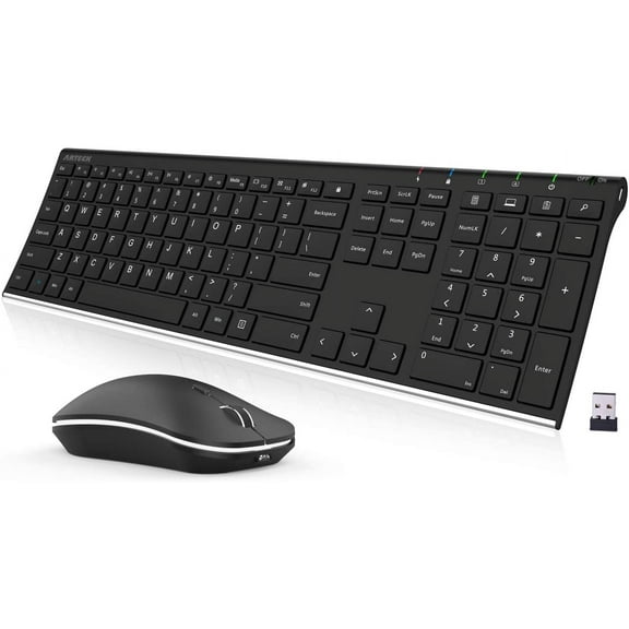 2.4G Wireless Keyboard and Mouse Combo Stainless Steel Ultra Slim Full Size Keyboard and Ergonomic Mice for Computer Desktop PC Laptop and Windows 11/10/8 Build in Rechargeable Battery