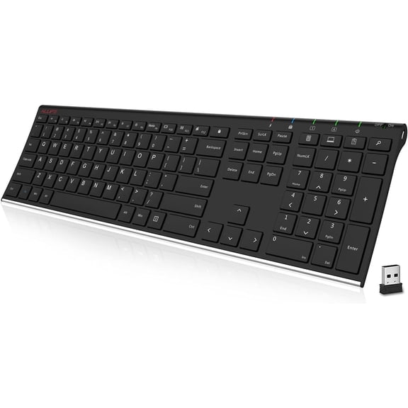 2.4G Wireless Keyboard Stainless Steel Ultra Slim Full Size Keyboard with Numeric Keypad for Computer/Desktop/PC/Laptop/Surface/Smart TV and Windows 10/8/ 7 Built in Rechargeable Battery