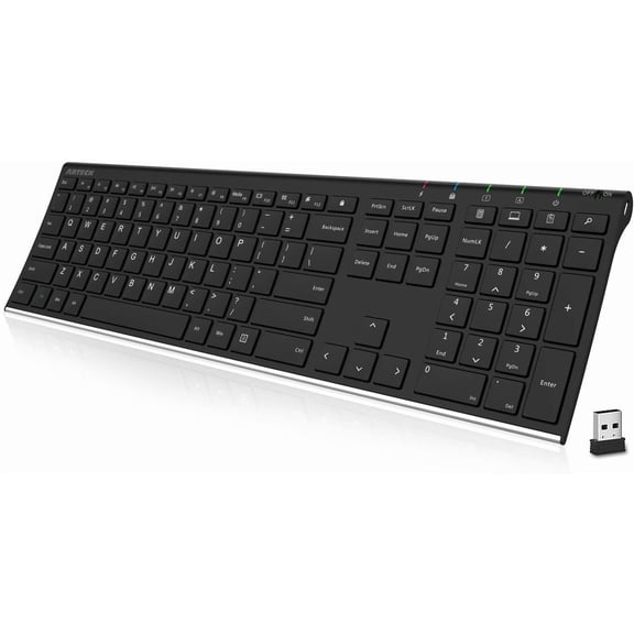 2.4G Wireless Keyboard Stainless Steel Ultra Slim Full Size Keyboard with Numeric Keypad for Computer/Desktop/PC/Laptop/Surface/Smart TV and Windows 10/8/ 7 Built in Rechargeable Battery