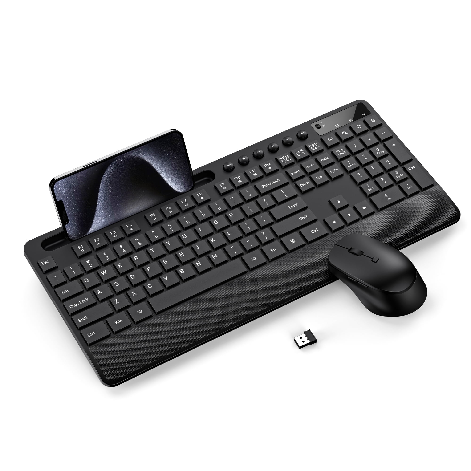 CshidWorld Wireless Keyboard and Mouse- Full-Sized Ergonomic Keyboard with Wrist Rest, Phone Holder, Silent 2.4GHz Cordless Keyboard Mouse Combo for Computer, Laptop, PC, Mac, Windows, Black