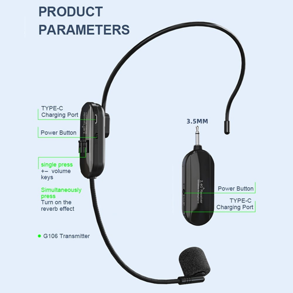 2.4G Wireless Microphone Headset Mic 50M Range For Speaker Voice Teaching Yoga Anti-Jamming Web Podcast Live Guitar Accessories
