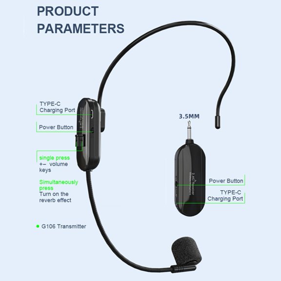 2.4G Wireless Microphone Headset Mic 50M Range For Speaker Voice Teaching Yoga Anti-Jamming Web Podcast Live Guitar Accessories