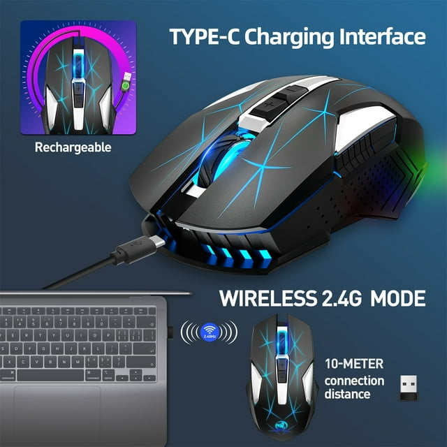 2.4G Wireless Mouse Game USB Charge 2400DPI Adjustable-Gaming Mouse ...