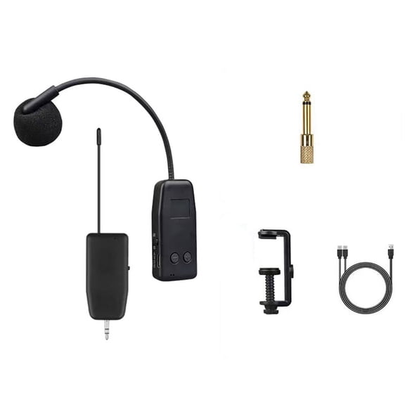 2.4G Wireless short clip Microphone System Clip over Instrument Receiver Transmitter Sound Live Meeting,1 x microphone 1 x receiver 1 x instrument clip 1 x 6.5mm adapter 1 x USB cable,Black