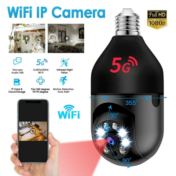 2.4GHz & 5GHz WiFi Smart Home Security Camera, 360°PTZ 1080P IP Camera Light Bulb Camera, Auto Tracking Full Color Night Vision Wireless Baby Monitor, Black