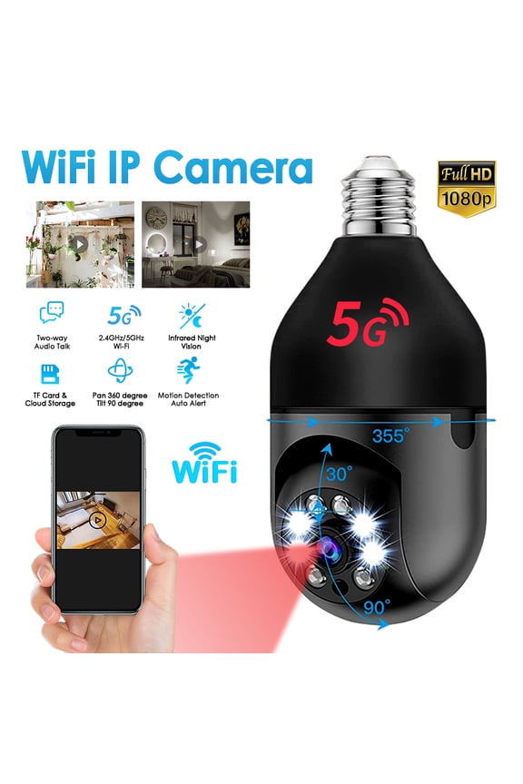2.4GHz & 5GHz WiFi Smart Home Security Camera, 360°PTZ 1080P IP Camera Light Bulb Camera, Auto Tracking Full Color Night Vision Wireless Baby Monitor, Black