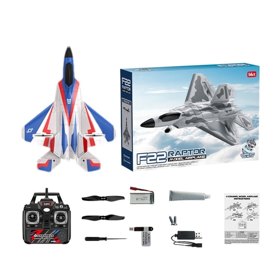 2.4GHz Brushless RC F22 Fighter Jet 4 Channel Fixed Wing Remote Control Airplane EVA Foam Aircraft With LED Lights For Outdoor Beginners, BM31- Blue and white / Standard Edition