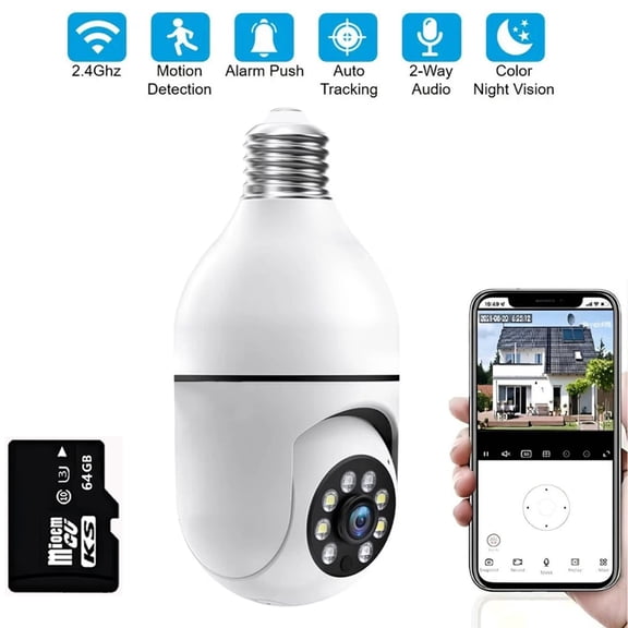 2.4GHz Bulb-Style Wireless Security Camera 1080P Indoor/Outdoor Use 360 Color Night Vision Motion Detection Audio/Visual Alarms Two-Way Audio Easy Installation No Monthly Fees Includes 64GB Memory .