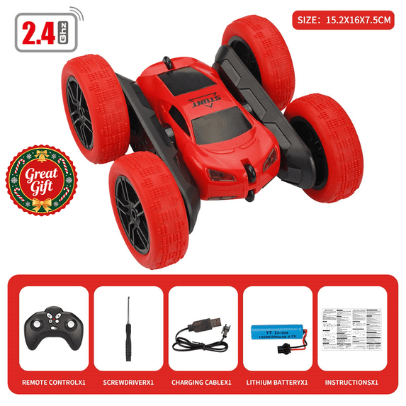 2.4GHz Double Sided RC Stunt Car with LED Lights, 360° Rotating Flip Rechargeable All Terrain Toy Vehicle for Indoor Outdoor, Christmas Birthday Gift for Kids Boys Girls Ages 3+