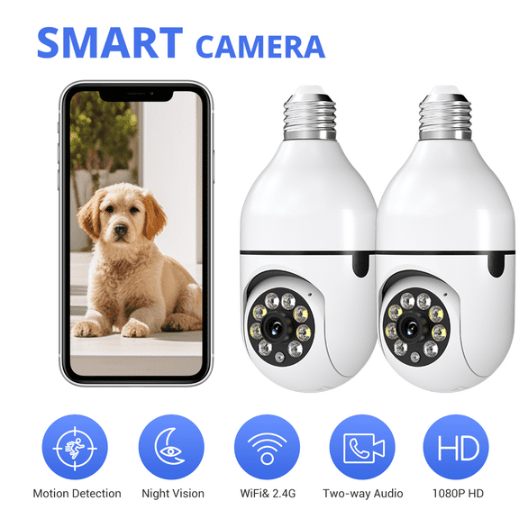 2.4GHz Light Bulb Security Camera 1080P Security Cameras Wireless Outdoor Indoor 360°Color Night Vision, Motion Detection, Audible Alarm, Two-Way Talk, Easy Installation-2Pcs