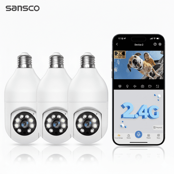 2.4GHz Light Bulb Security Camera 3MP Security Cameras Wireless Outdoor Indoor 360°Color Night Vision, Motion Detection, Audible Alarm, Two-Way Talk, Easy Installation
