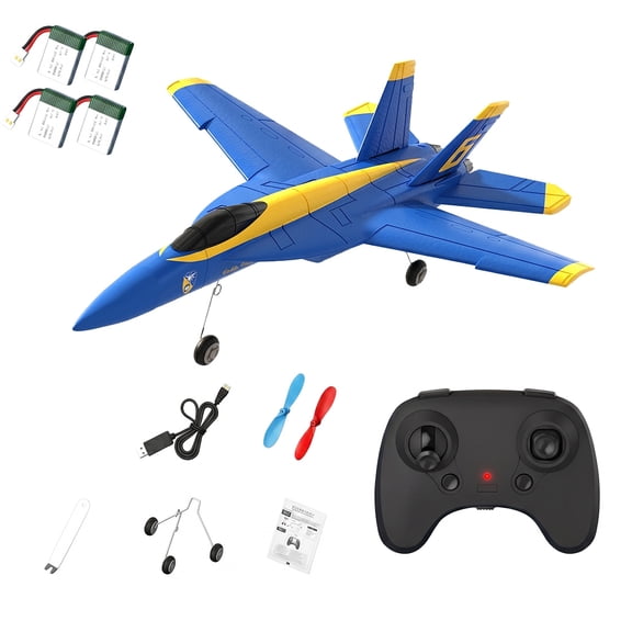 2.4GHz RC F18 Fighter Jet Fixed Wing Airplane With Dual Coreless Motors, Six Axis Gyro Stabilization, LED Lights And EPP Foam Design For Outdoor Flying, HW41- Blue / 4 Battery