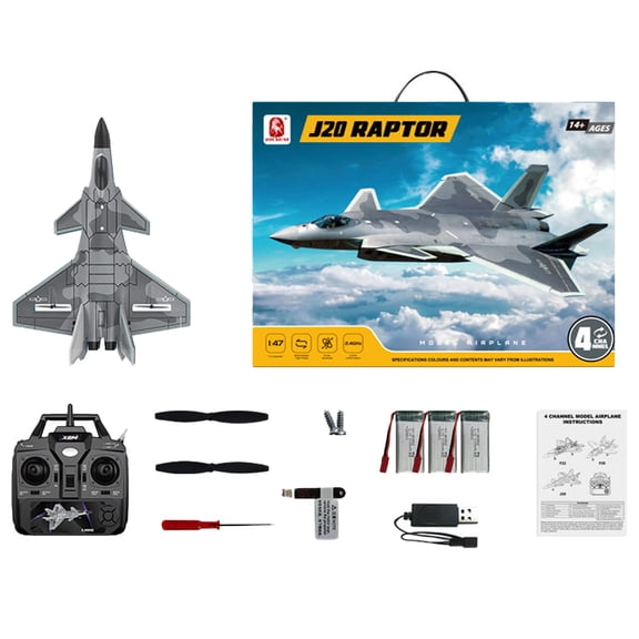 2.4GHz RC J20 Fighter Jet 4CH Fixed Wing Airplane EPP Foam Aircraft With 3D & 6G Flight Modes, Dual Motor Power And LED Lights For Outdoor Flying Beginners, BM20- Grey / 3 Battery