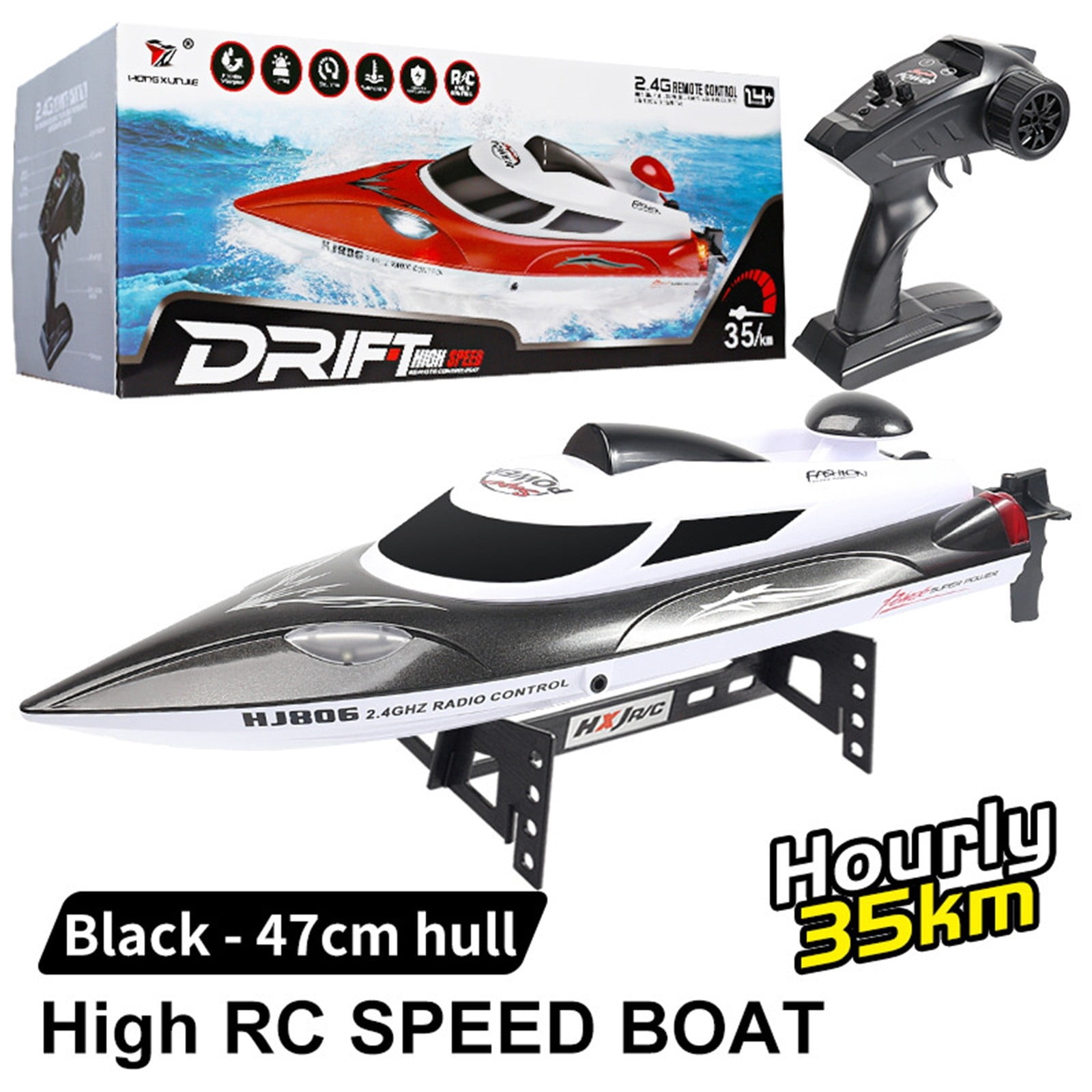 2.4GHz Remote Control Boat High Speed RC Racing Boat with Night Navigation Lights Self-Righting for Outdoor Pool or Lake Play(Black)