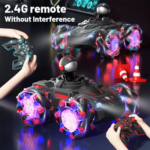 2.4GHz Remote Control Car with Projector LED Light Music Racing Driver Figurine Electric 360 Degrees Rotating RC Stunt Drift Car 4WD Electric Truck Vehicle Toy