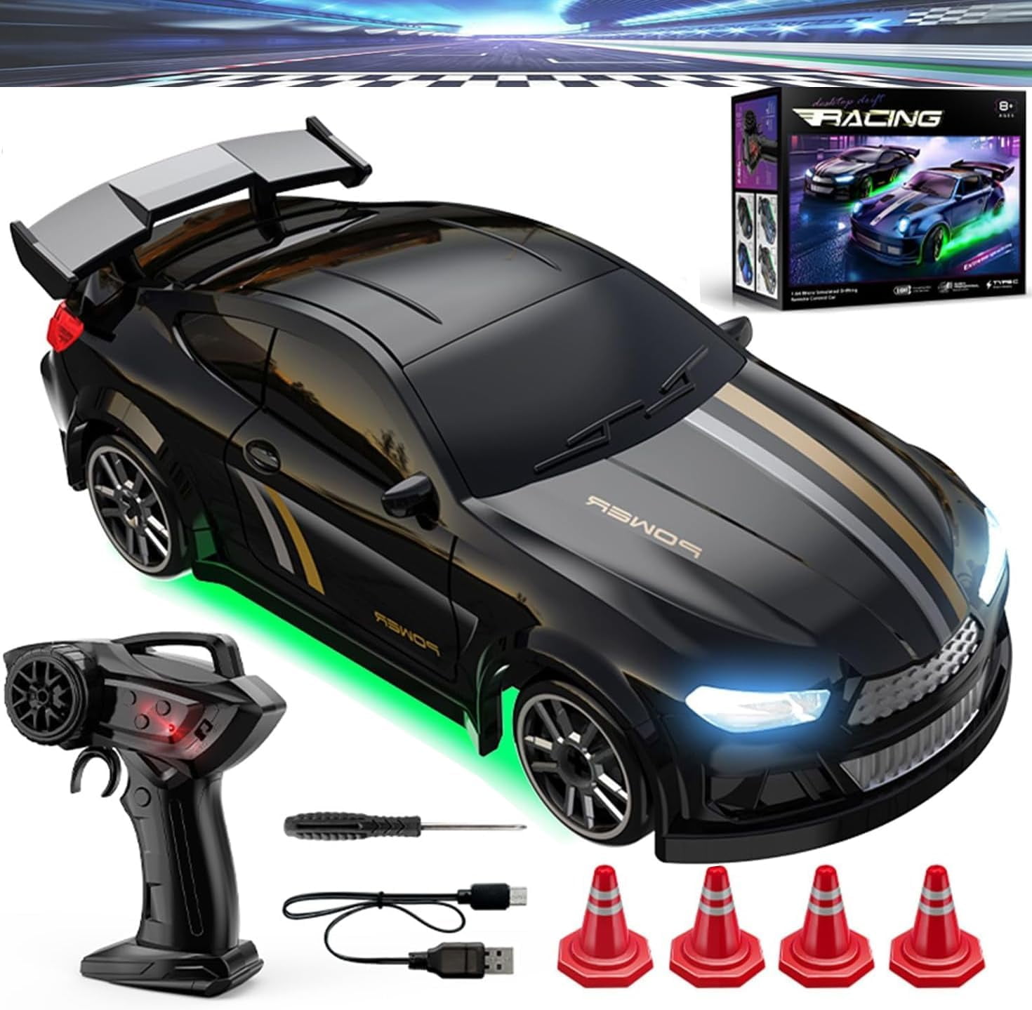 Skidboiz Remote Control Cars, Mini RC Drift Car, 2.4ghz Stunt Drifting RC Toys with 2-Speed Modes, 1:64 Scale USB Rechargeable with Led Lights (A)