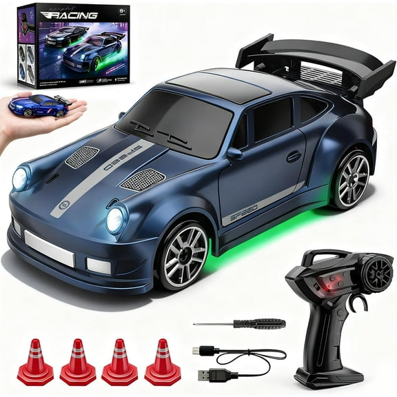 2.4GHz Stunt Drifting RC Toys,Mini RC Drift Car 1/64 Skid Boiz Remote Control Car with LED Lights & 2-Speed Modes,  with 4 Obstacles(Blue-A 1 PCS)