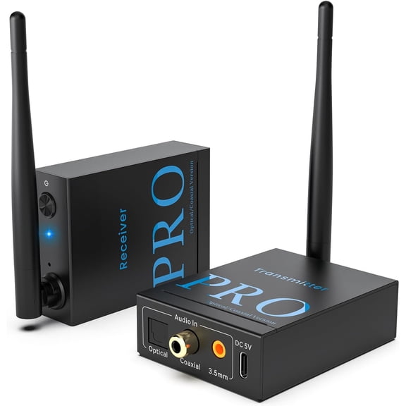2.4GHz Wireless Audio Transmitter and Receiver (1 TX+1 RX) HiFi Audio 20ms Low Latency 328ft Long Range Wireless Kit for Powered Speaker/Stereo/Soundbar Optical/Coaxial/3.5mm(RCA) Ports