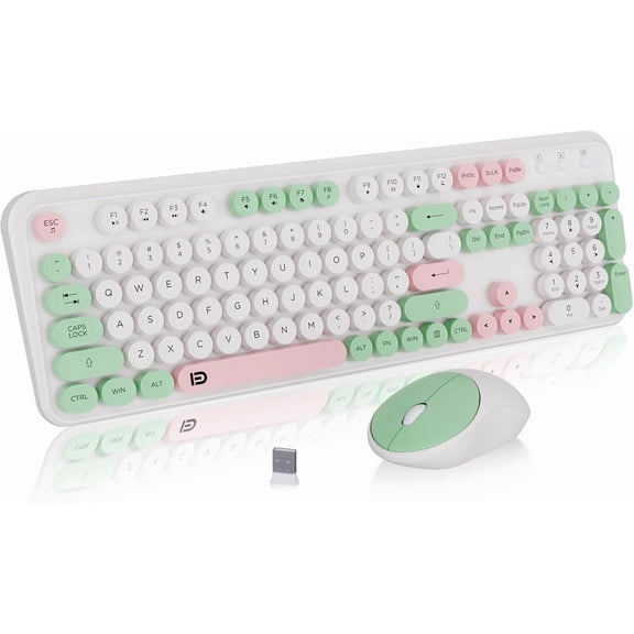 2.4GHz Wireless Keyboard and Mouse Set with Switch Button - Full-Size Keyboard - Compatible for Windows/Laptop/PC/Notebook/Smart TV and More - Milky White Green Colorful