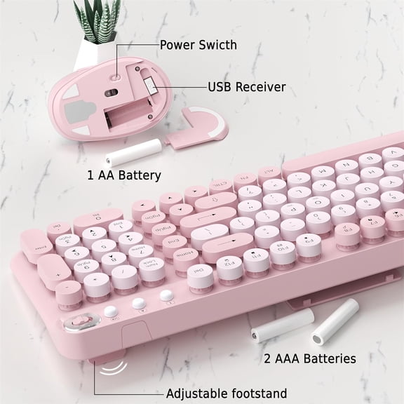 2.4GHz Wireless Keyboard and Mouse Combo, Plug-and-Play Retro Full-Size Typewriter-Style Keyboard for Computer/Laptop/Windows/Mac (Pink)