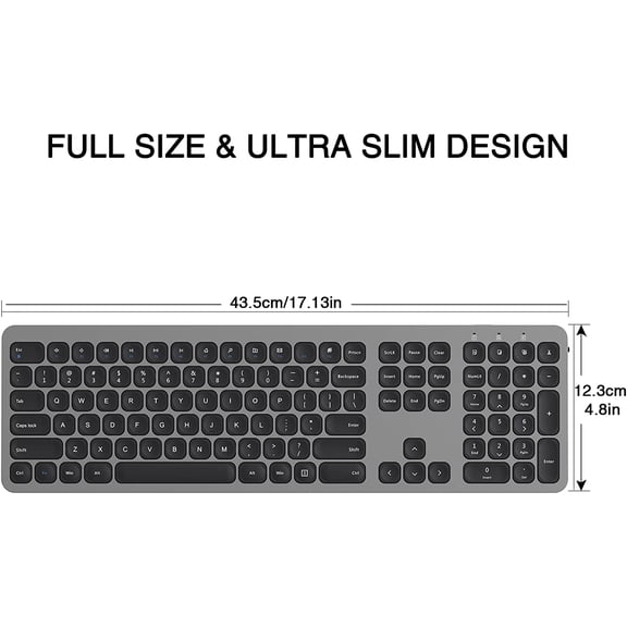 2.4GHz Wireless Keyboard with Number Pad Full Size Design for Laptop Desktop PC Tablet, Windows iOS Android - Grey
