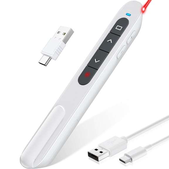 2.4GHz Wireless Presenter Remote, USB Type-C Presentation Clicker with Laser Pointer, 200M Range, Rechargeable, Plug and Play for PC Mac Android,WHITE