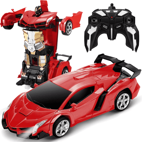 Gemeer RC Transform Car Toy, 2.4Ghz Remote Control Transform Car Robot Toy, 1:18 Scale One-Button Deformation Race Car Toys for Boys Girls Ages 4-12, Red