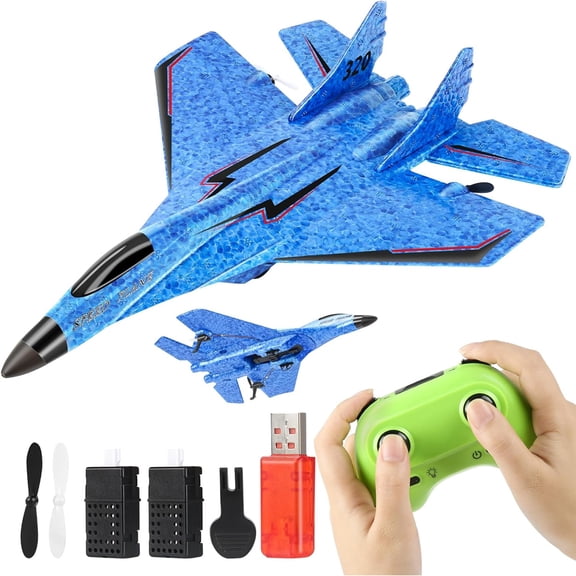 2.4Ghz RC Plane for Kids, 2 Channels Remote Control Wireless Airplane Toy with Colored Lights, Remote Control Airplanes Foam RC Fighter Airlane with USB Chargingfor Beginner Kids Adults, Blue