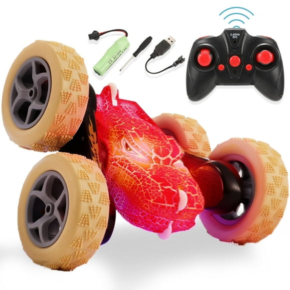 2.4Ghz Remote Control Car, Double Sided Stunt RC Car with LED Light, 360° Rotating, All Terrain 4WD off Road Truck Toy for Boys Girls Gifts, Red