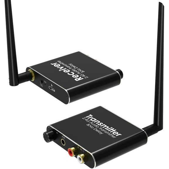 2.4Ghz Wireless Audio Transmitter Receiver, 160 ft Long Range Low Latency Wireless Audio Adapter with Volume Control for Subwoofer/Powered Speaker/Soundbar, RCA or 3.5mm Jack Input/Output