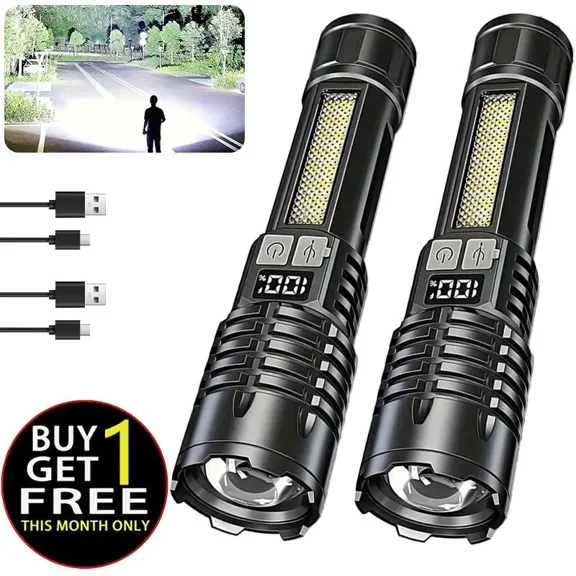 2/4PACKS High Lumen Rechargeable LED Flashlights, 5 Modes With COB Light Tactical Accessories Ultra-Bright Flashlights, Zoomable Handheld Digital Display Flashlight, for Outdoor Emergency Signaling B