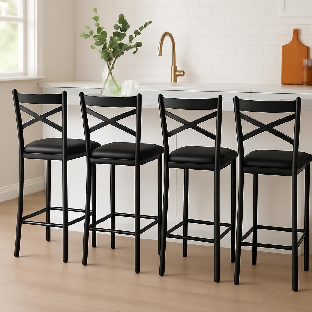 2/4PCS Home Bar Stools, PU Upholstered Bar Chairs, Kitchen Island Chairs With X-Shaped Backrest And Metal Footrest, Black Counter Height Chairs For Dining Room, Coffee Shop