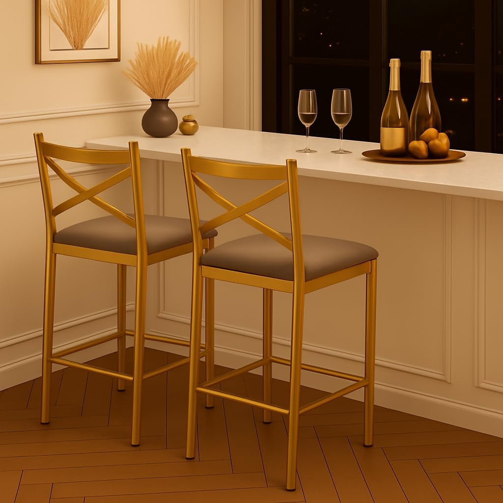 2/4PCS Home Bar Stools, PU Upholstered Bar Chairs, Kitchen Island Chairs With X-Shaped Backrest And Metal Footrest, Black Counter Height Chairs For Dining Room, Coffee Shop
