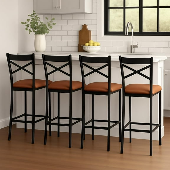 2/4PCS Home Bar Stools, PU Upholstered Bar Chairs, Kitchen Island Chairs With X-Shaped Backrest And Metal Footrest, Black Counter Height Chairs For Dining Room, Coffee Shop
