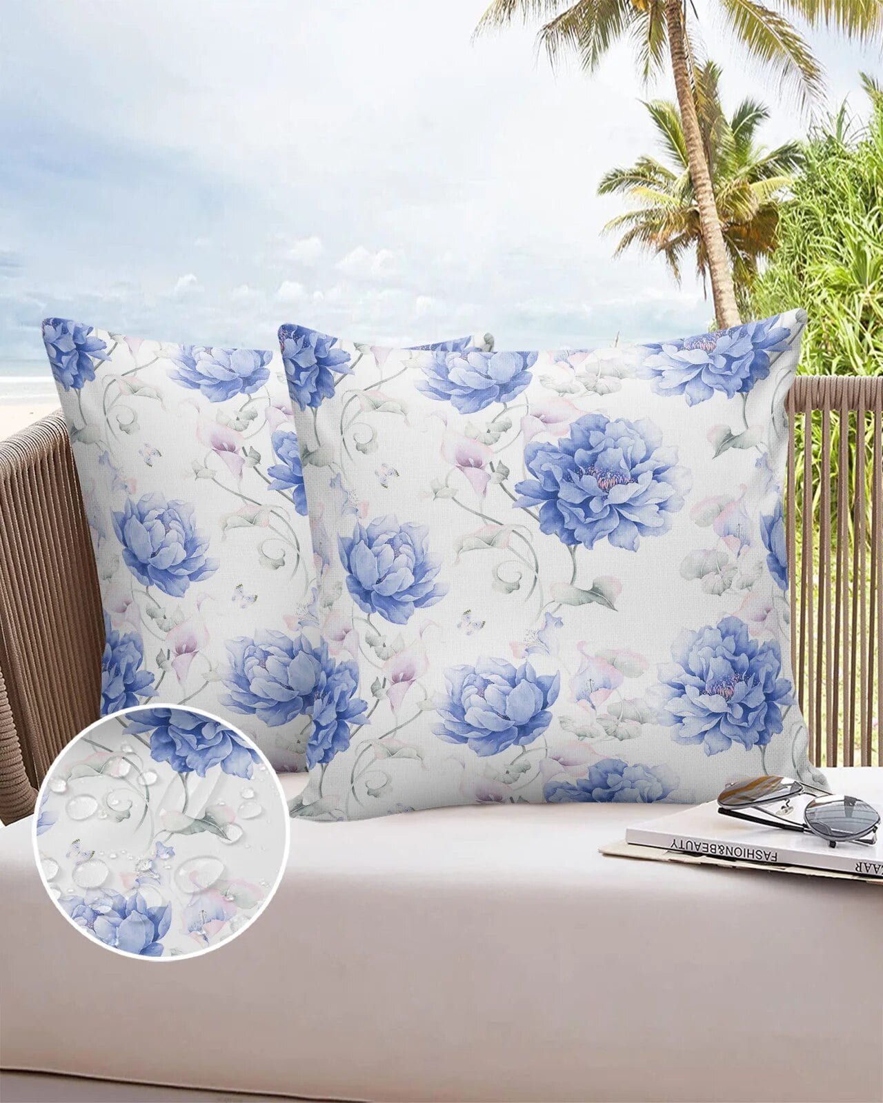 2/4PCS Outdoor Waterproof Pillowcase Blue Watercolor Flowers Retro
