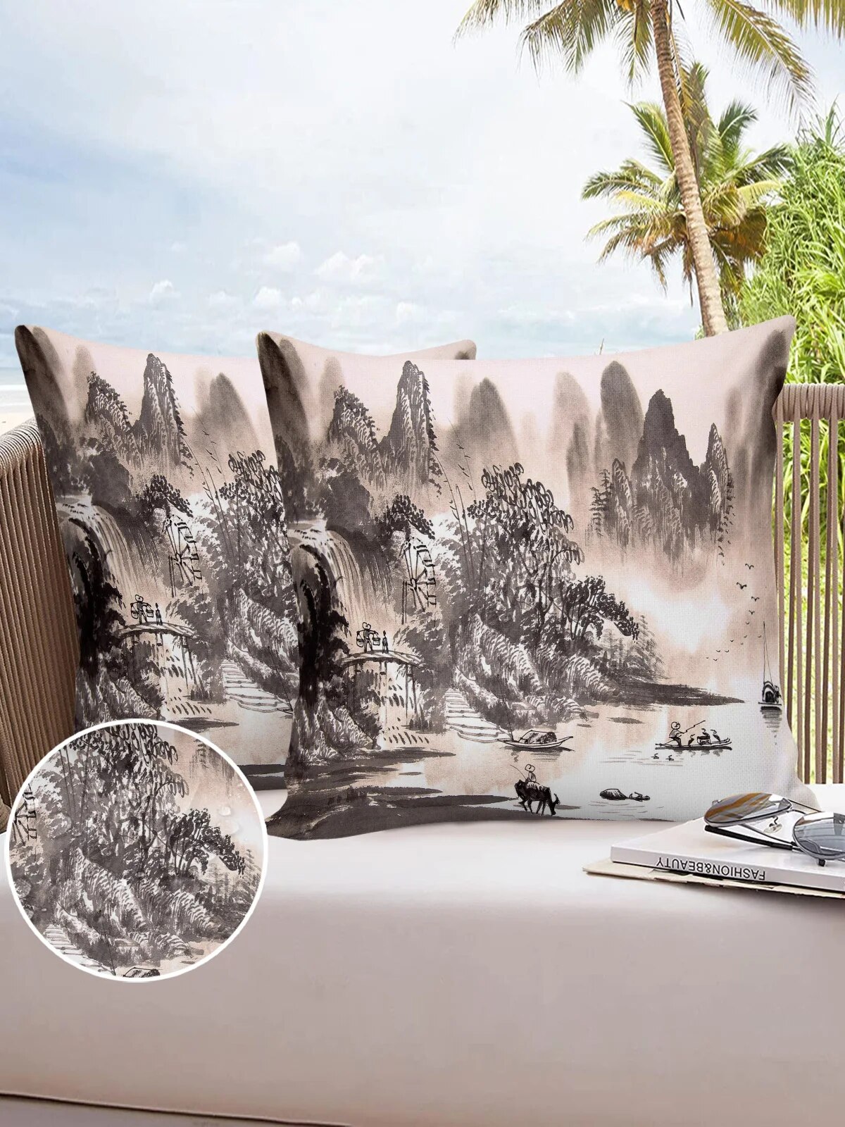 2/4PCS Outdoor Waterproof Pillowcase China Style Crane Peach Tree Plant