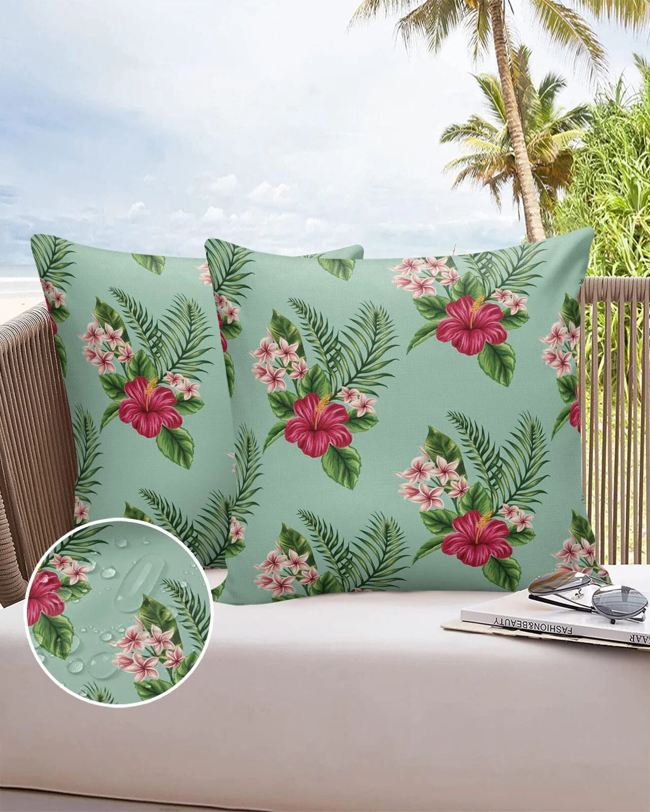 2/4PCS Outdoor Waterproof Pillowcase Tropical Plant Leaves Hibiscus